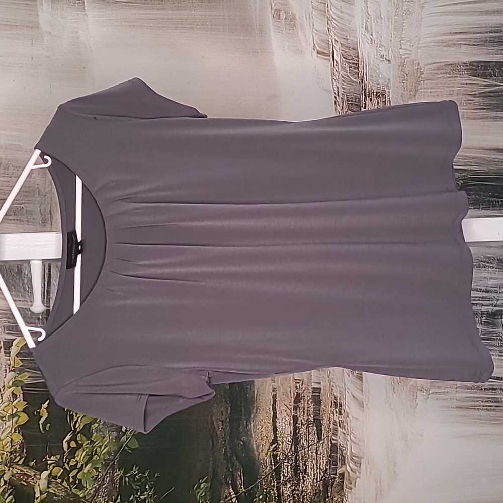 Worthington Womens Petite large stretch casual Gray short sleeve dressy blouse